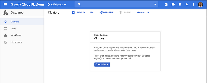 GCP console for creating a Dataproc cluster