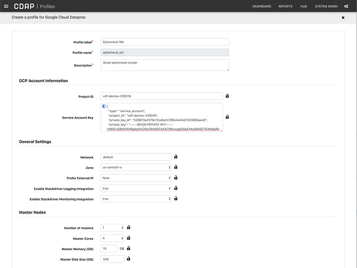 Dialog for creating an ephemeral Dataproc compute profile